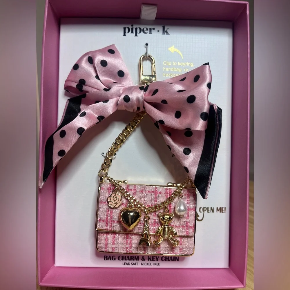 Piper K Pink Polka Dot Bow Chanel Purse Charm Bag Charm Keychain